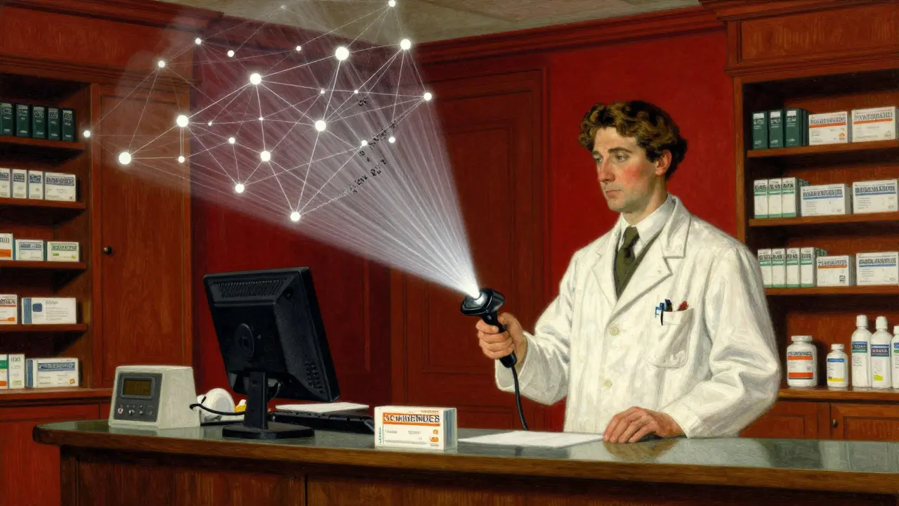 Pharmacist scanning a drug box connected to a tracking network