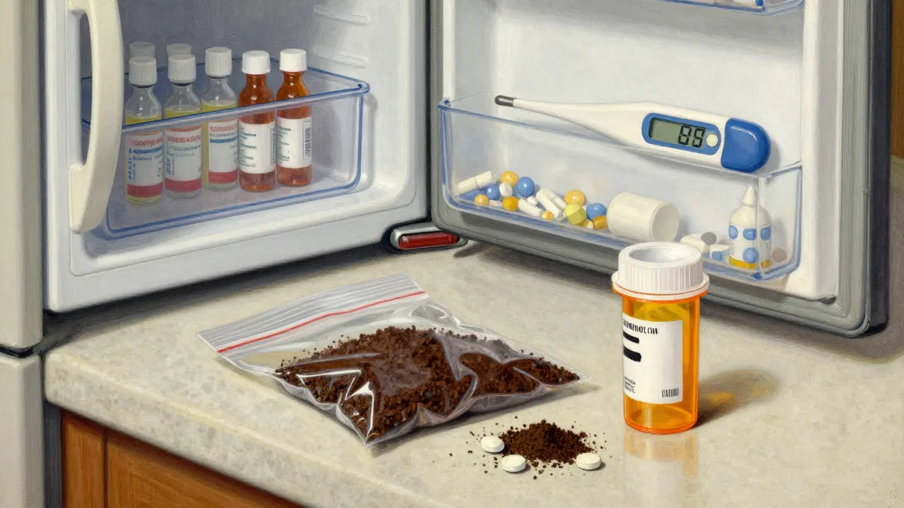 Safe medication disposal with coffee grounds and fridge storage
