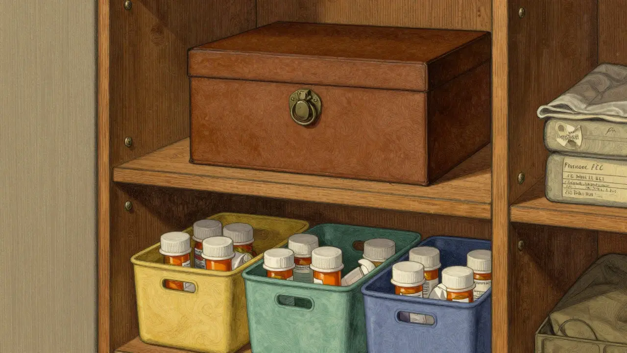 Secure locked box and organized meds in a dry linen closet
