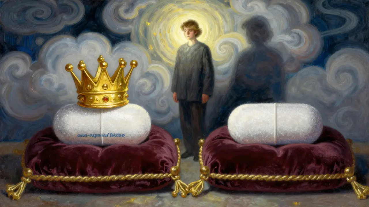 Allegorical illustration of two pills, one crowned and one plain, representing cost bias