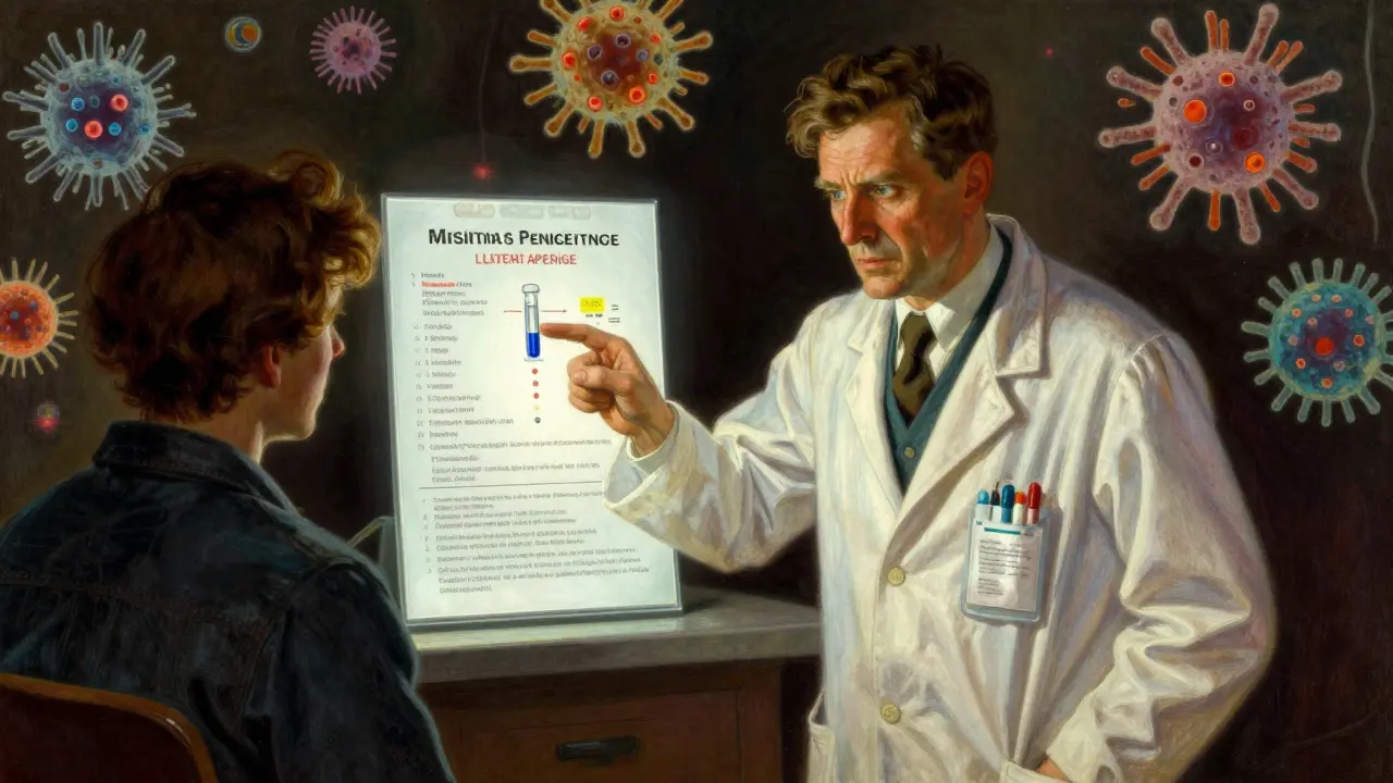 Allergist explaining diagnosis to patient with glowing chart in dramatic light