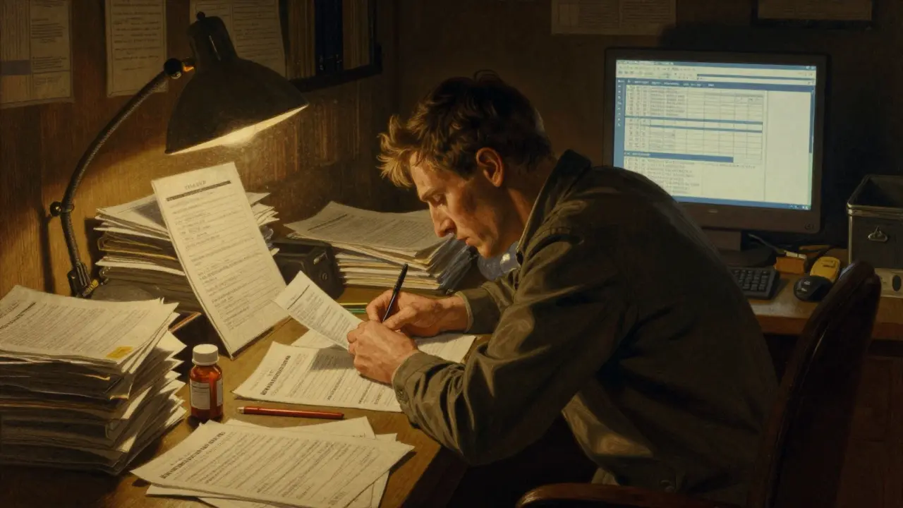 Athlete studying medication lists and documents at desk