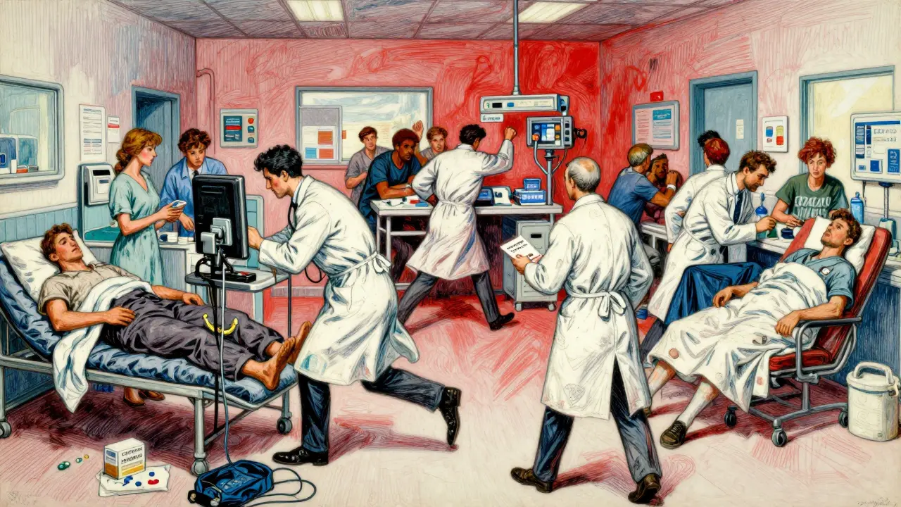 Chaotic ER scene contrasting with a stable patient holding generics