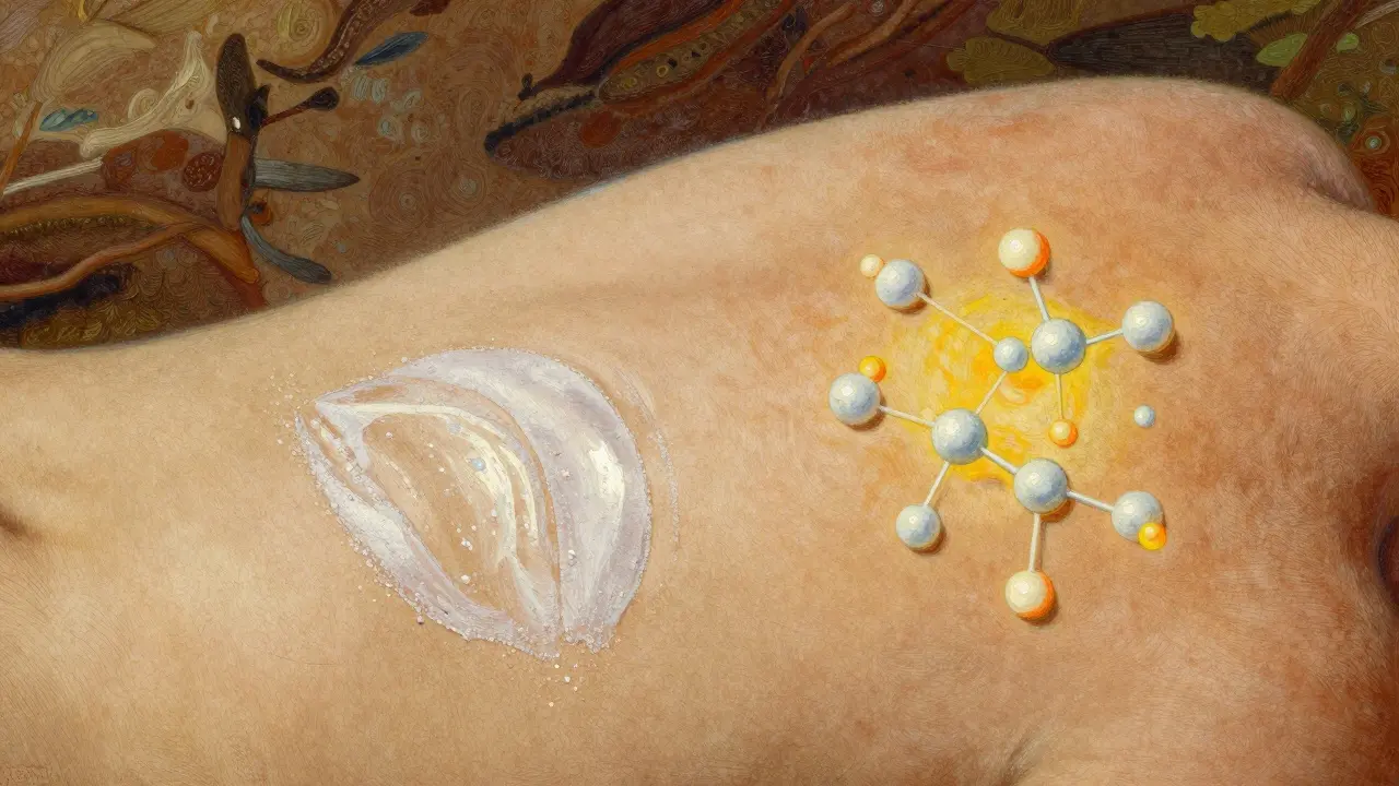Close-up of skin showing mineral vs chemical sunscreen mechanisms