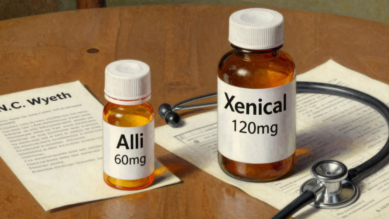 Comparison of OTC Alli and prescription Xenical bottles on a table