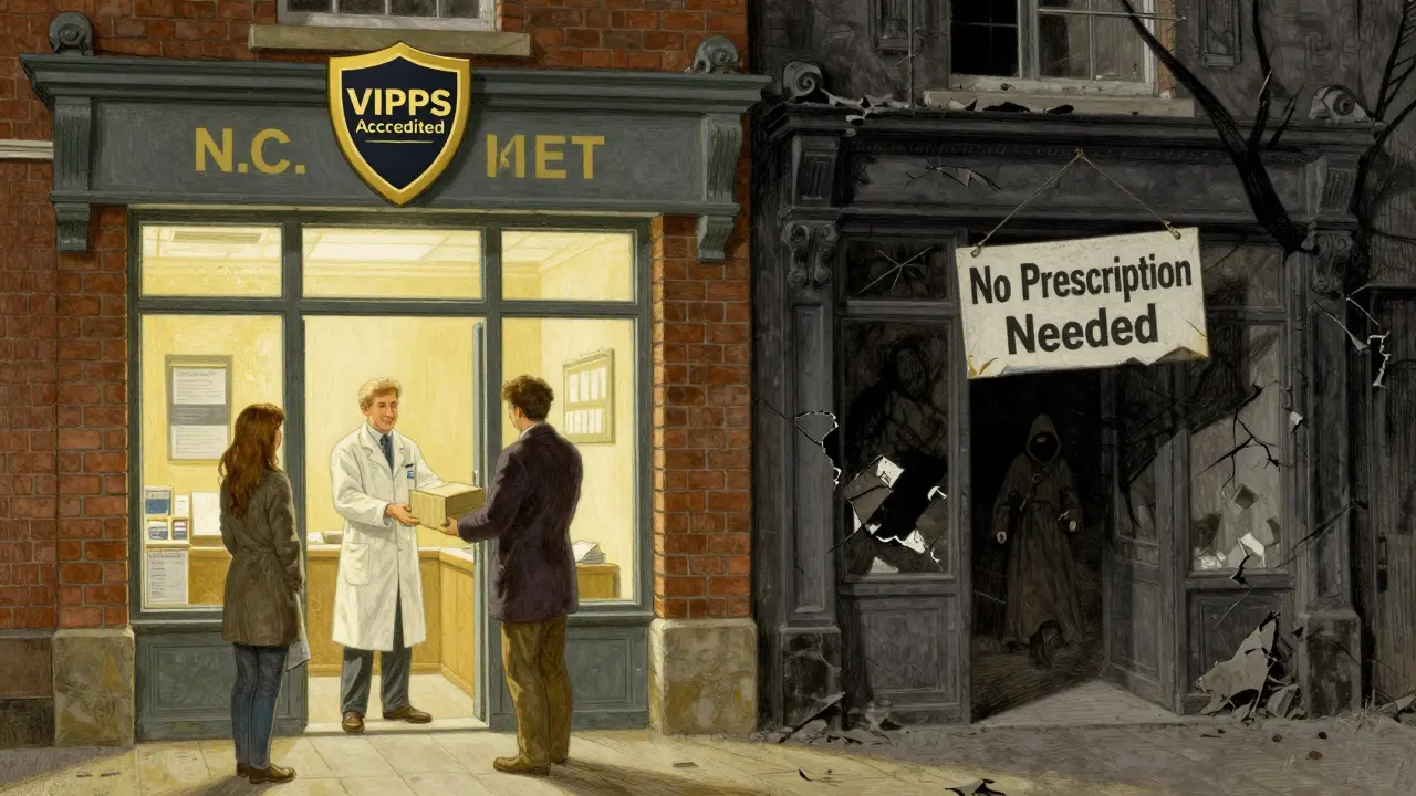 Contrast between safe accredited pharmacy and dangerous fake site