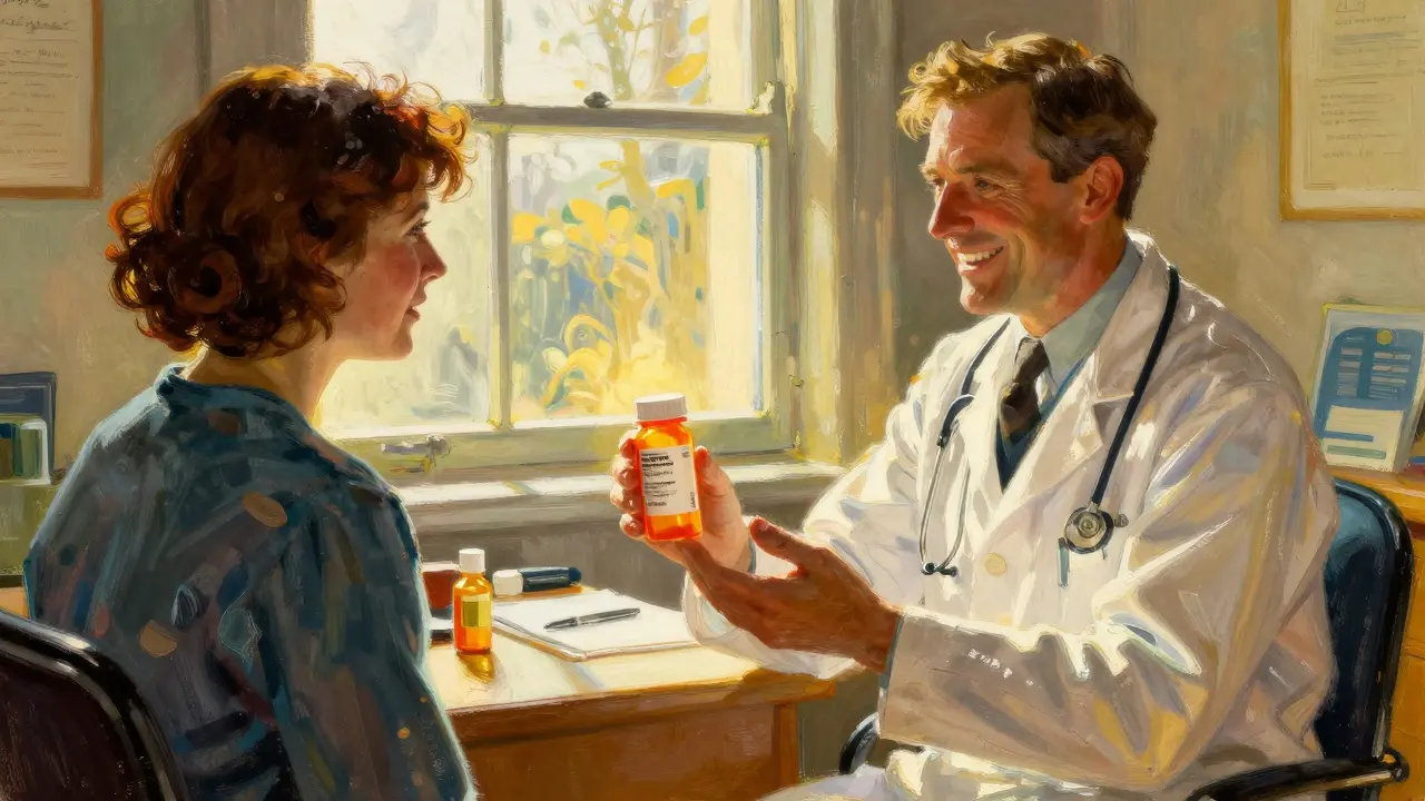 Doctor handing generic medicine to a relieved patient in sunlight