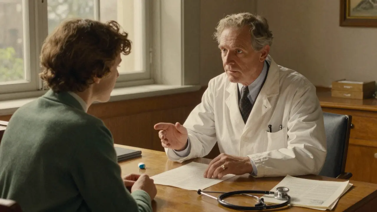 Doctor reassuring a patient about generic medication in a warm, sunlit office
