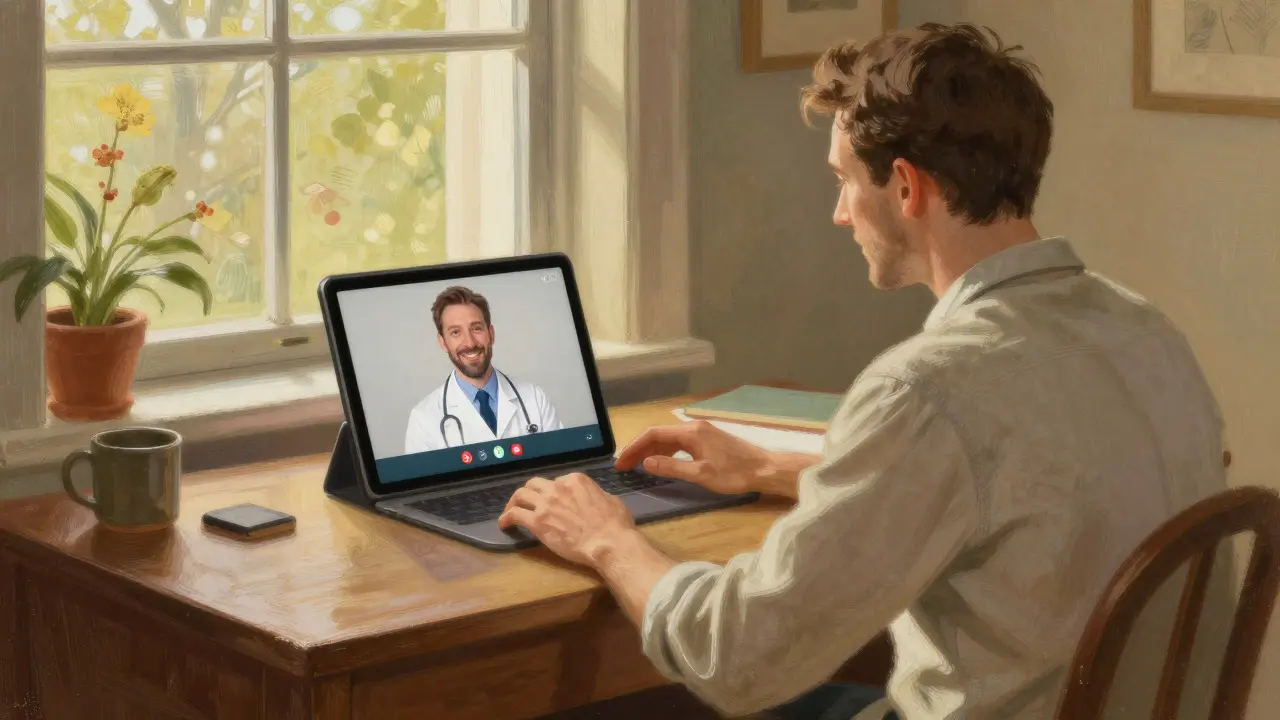 Man having a telemedicine video consultation at home