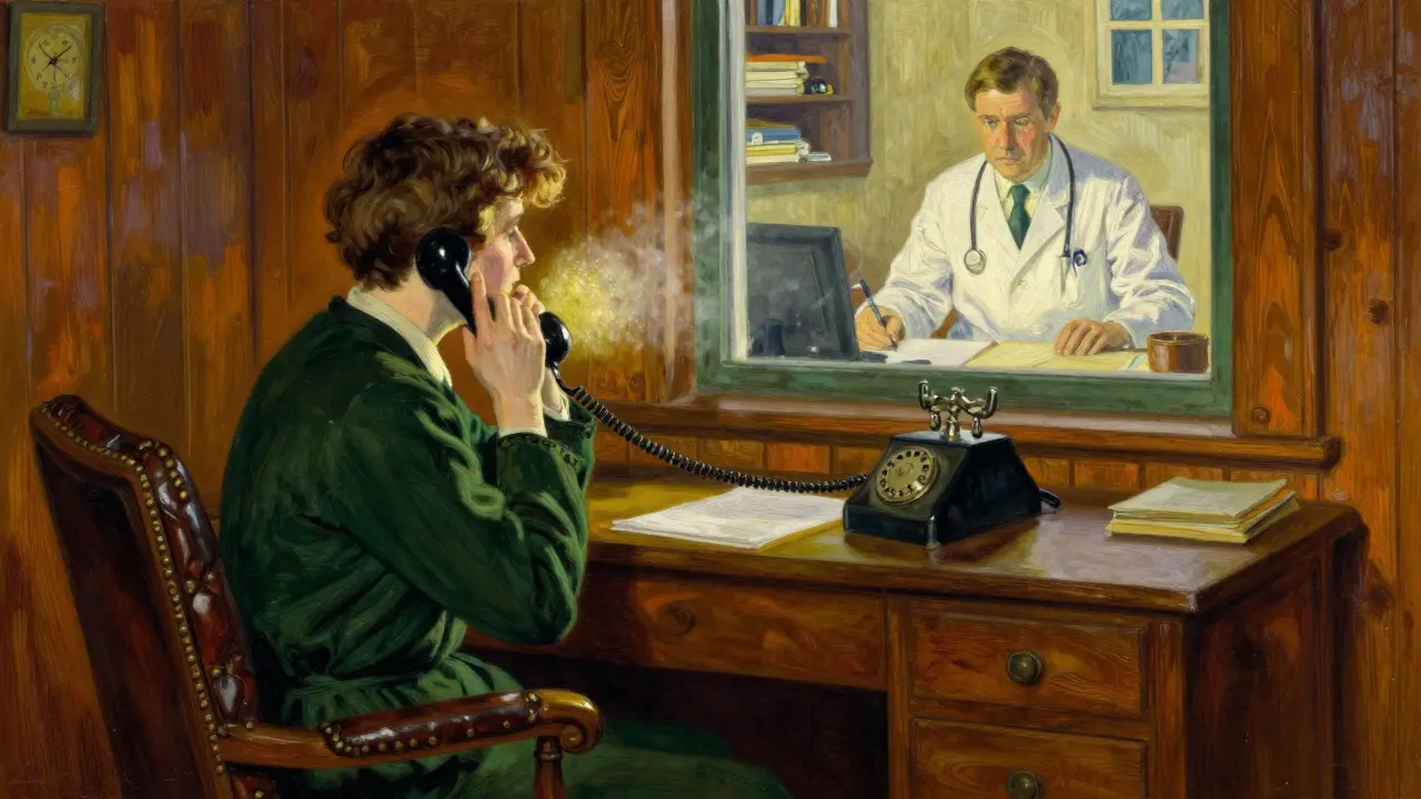 Patient consulting a doctor via telephone in a warm, rustic study.