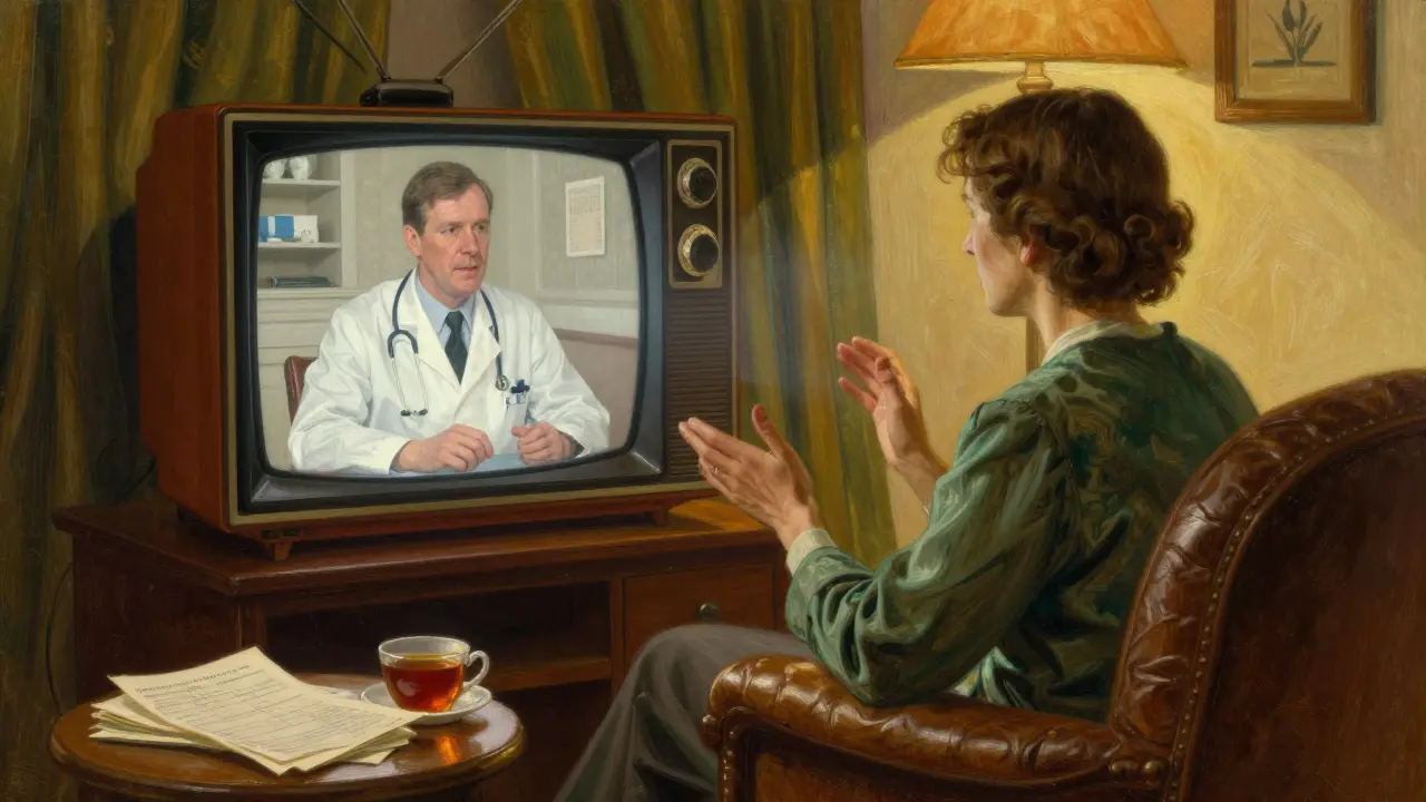 Patient consults doctor via vintage TV screen in cozy living room