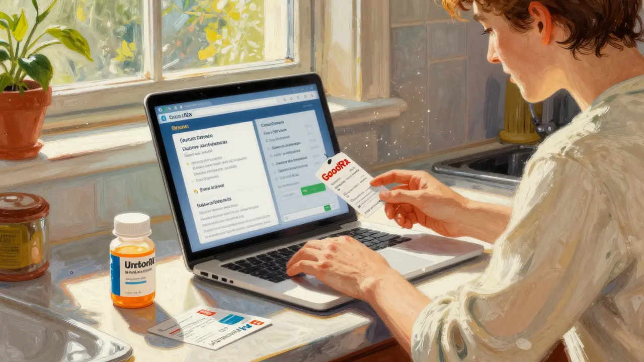 Person comparing medication prices on laptop in sunny kitchen