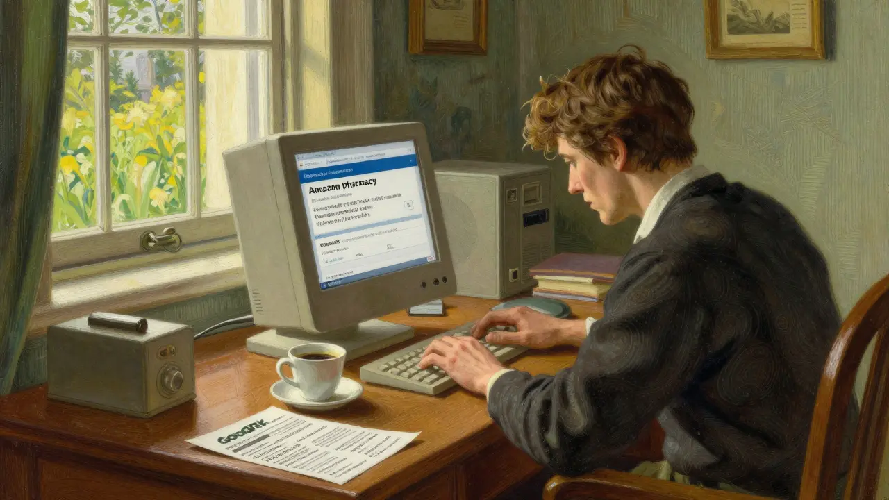 Person researching cheap meds online at home desk