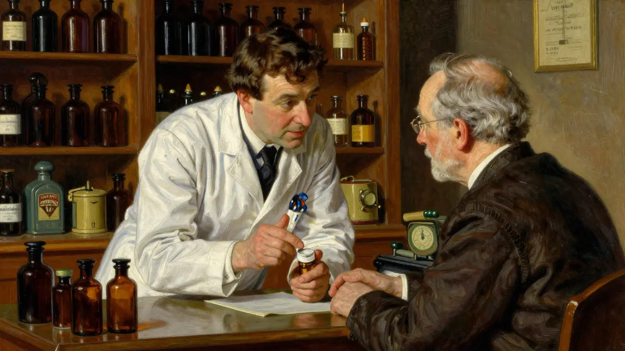 Pharmacist explaining medication details to an attentive elderly patient.