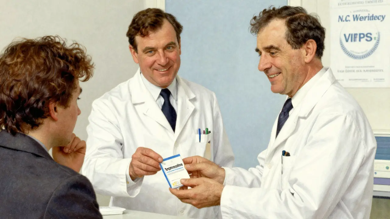 Pharmacist handing safe generic pills to customer