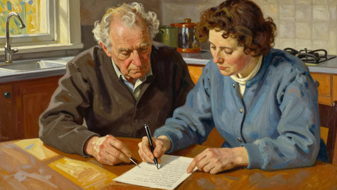 Senior and caregiver writing down questions at a table with warm sunlight.