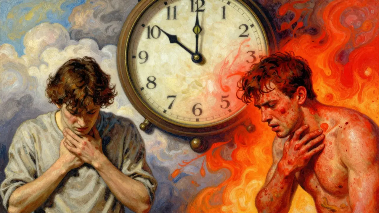 Split scene showing mild side effects vs rapid allergic reaction with clock