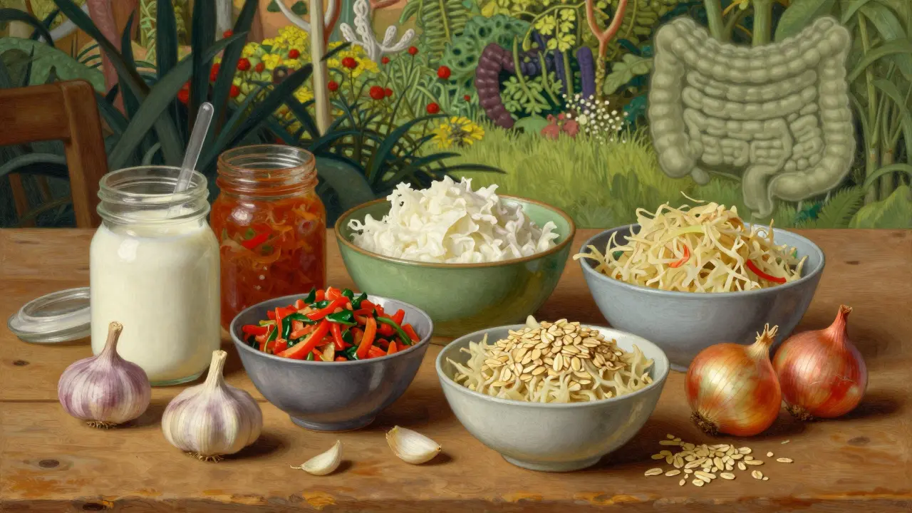 Table full of fermented foods and prebiotics supporting gut health recovery.