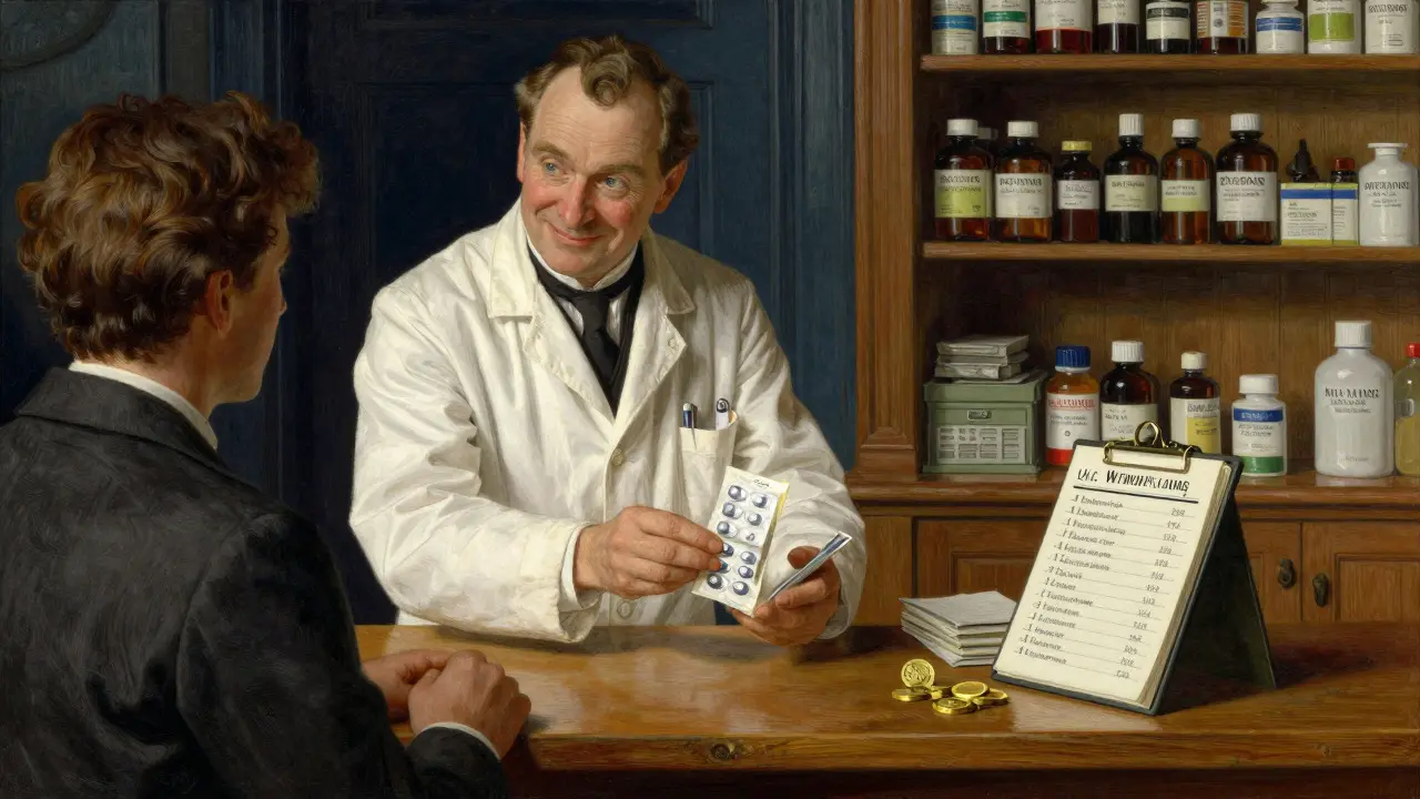 Trustworthy pharmacist handing medication to a customer at a counter.