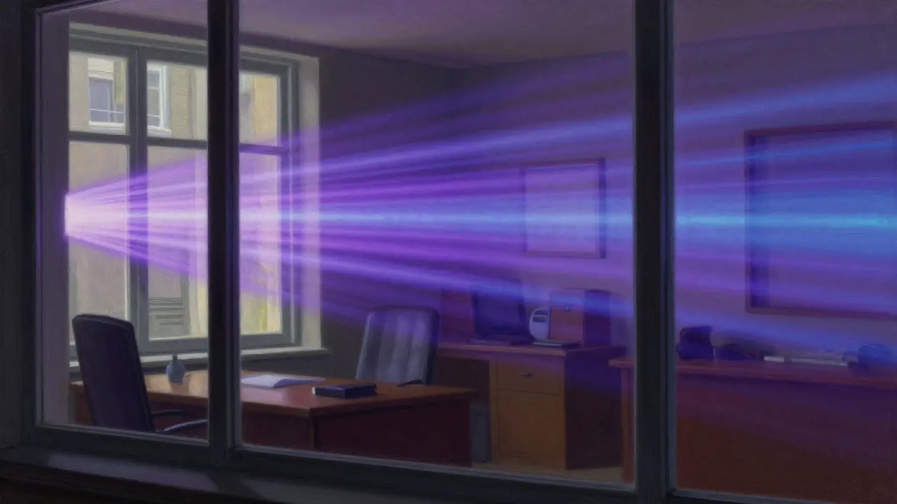 UV rays penetrating a window into an office, illustrated dramatically