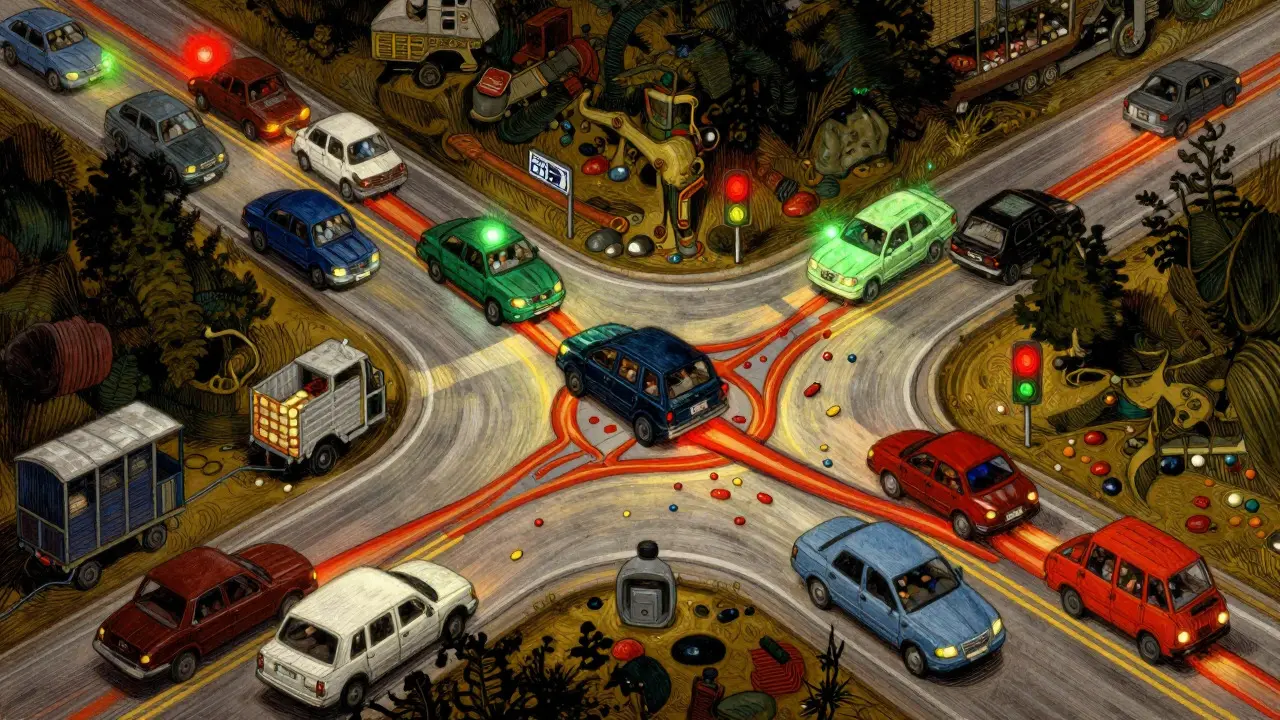 Abstract illustration of metabolic pathways as a busy traffic intersection