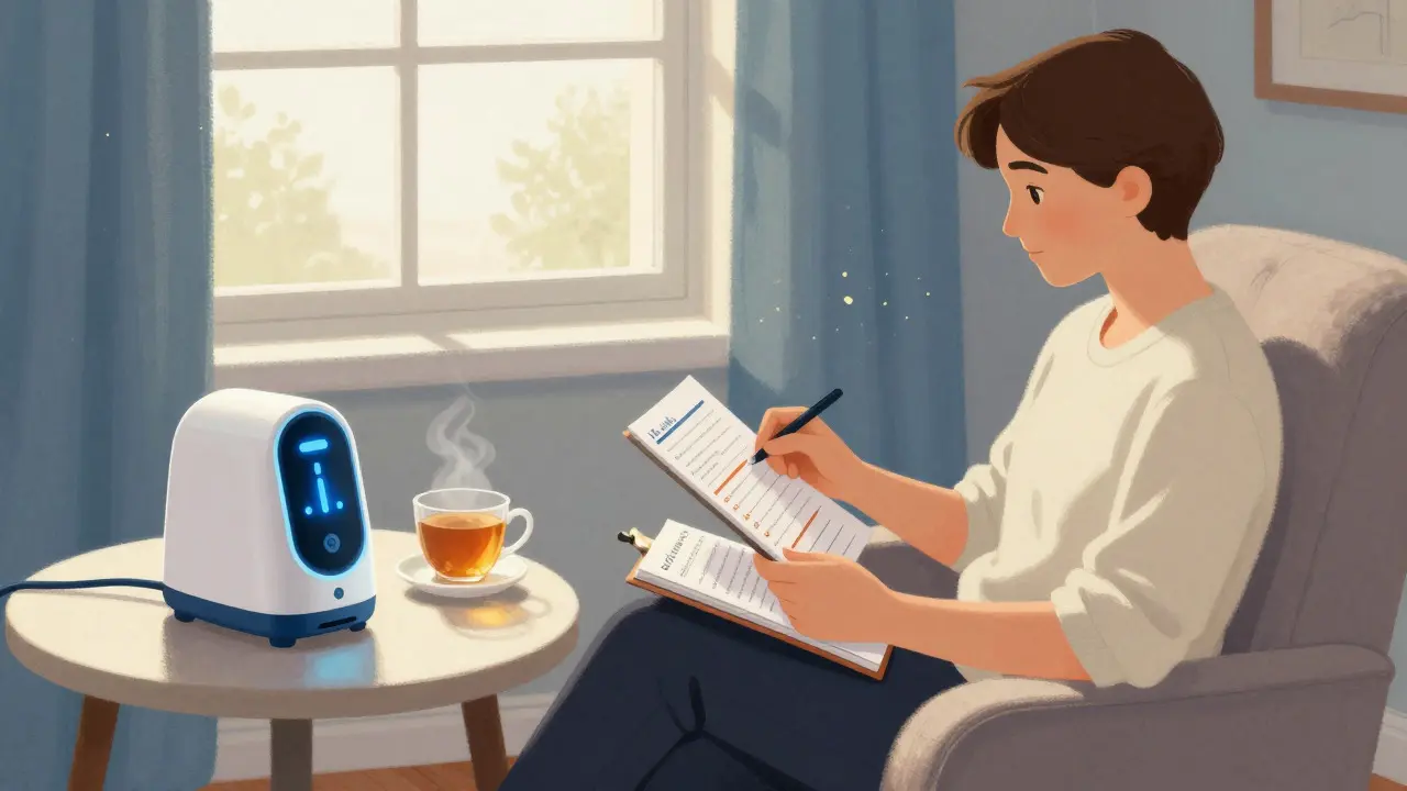 Calm person using a pill dispenser and journal, representing safe medication adherence.