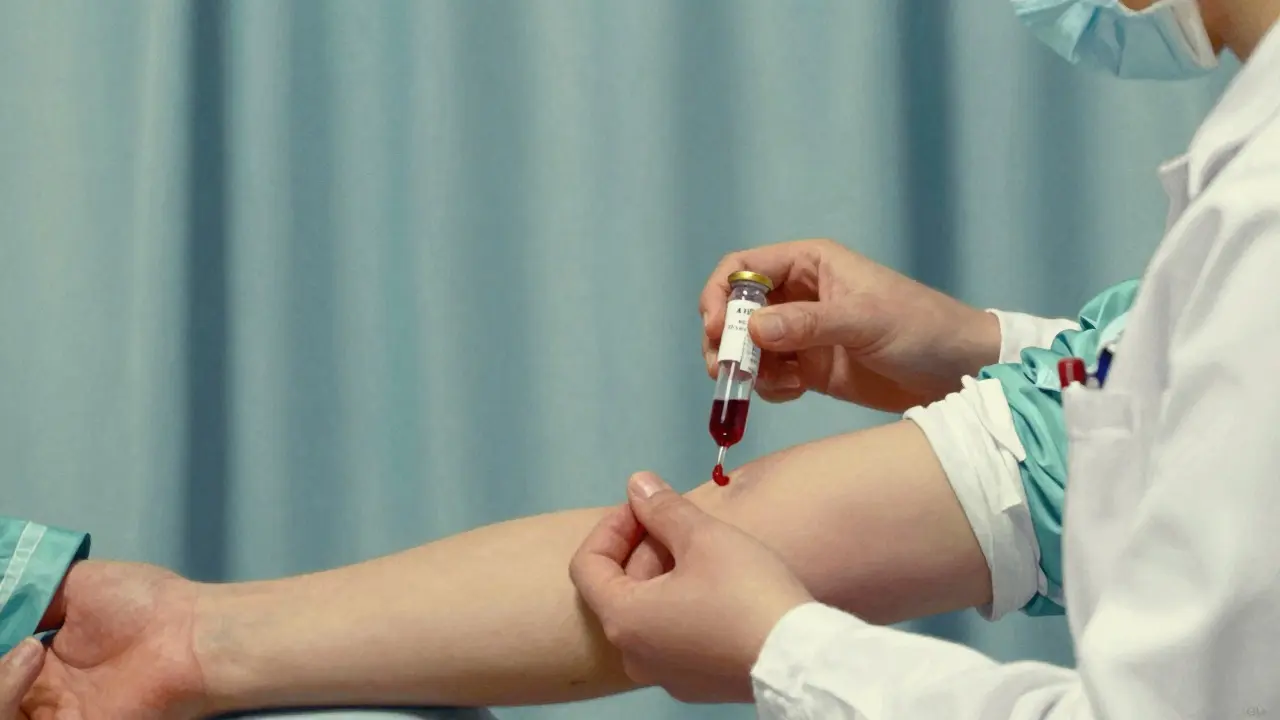 Close-up of a nurse drawing blood from a patient's arm in a dramatic, illustrative style