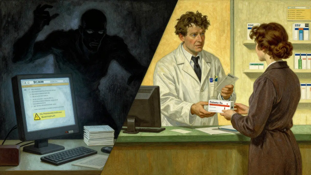 Comparison of shady online pharmacy scams versus safe legitimate medication sources