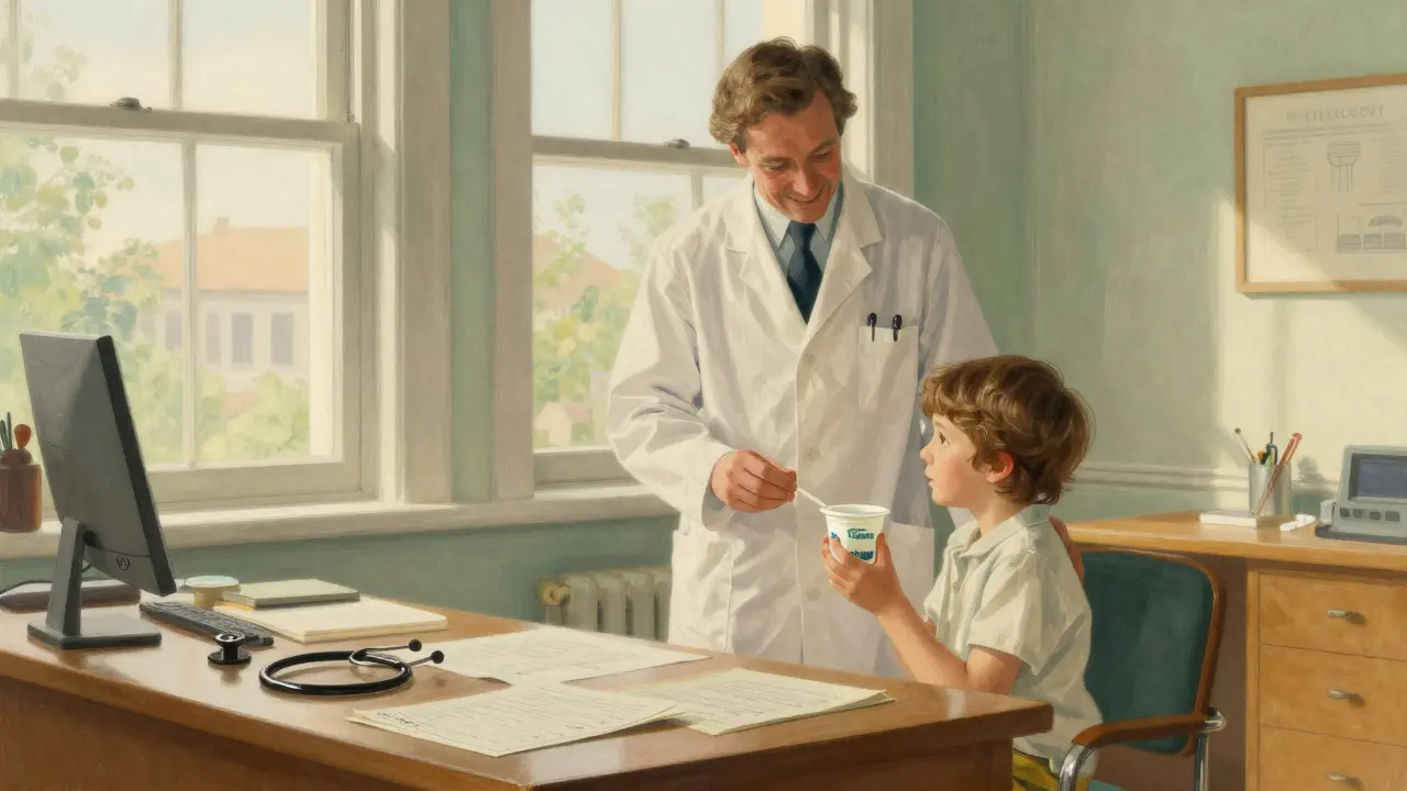 Doctor and healthy child in sunlit office with probiotic yogurt
