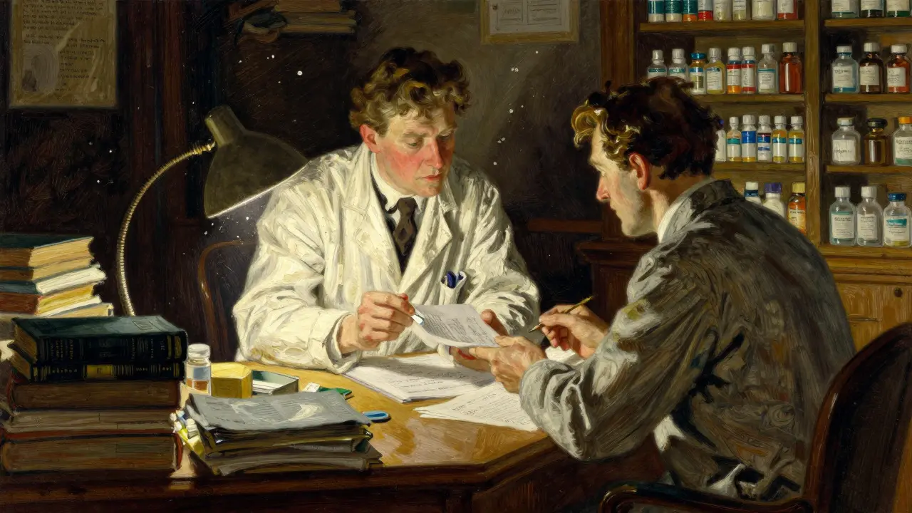 Doctor and pharmacist reviewing medical cases in a dimly lit office, N.C. Wyeth style
