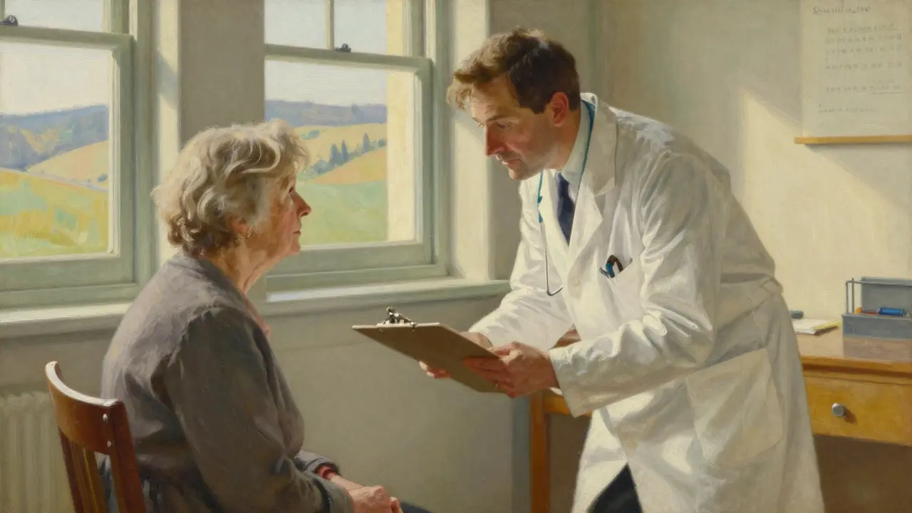 Doctor consulting with elderly patient in a bright, calm office setting