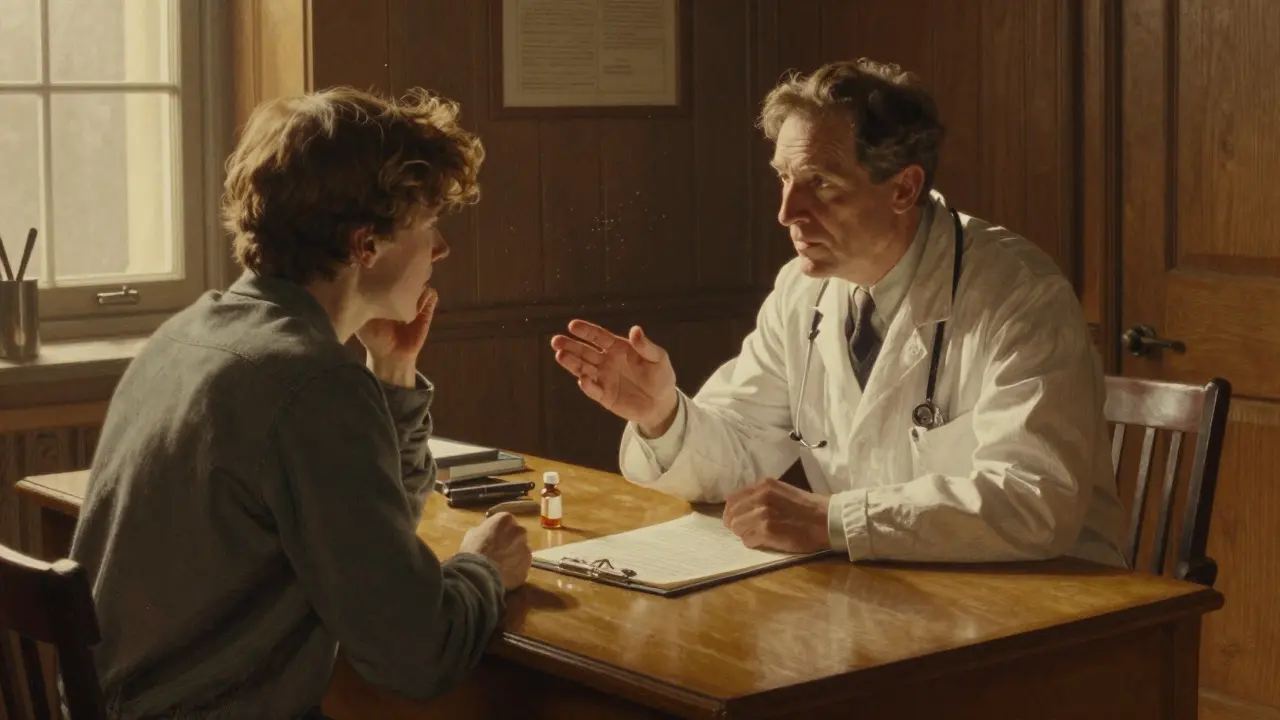 Doctor consulting with patient over medical files in office