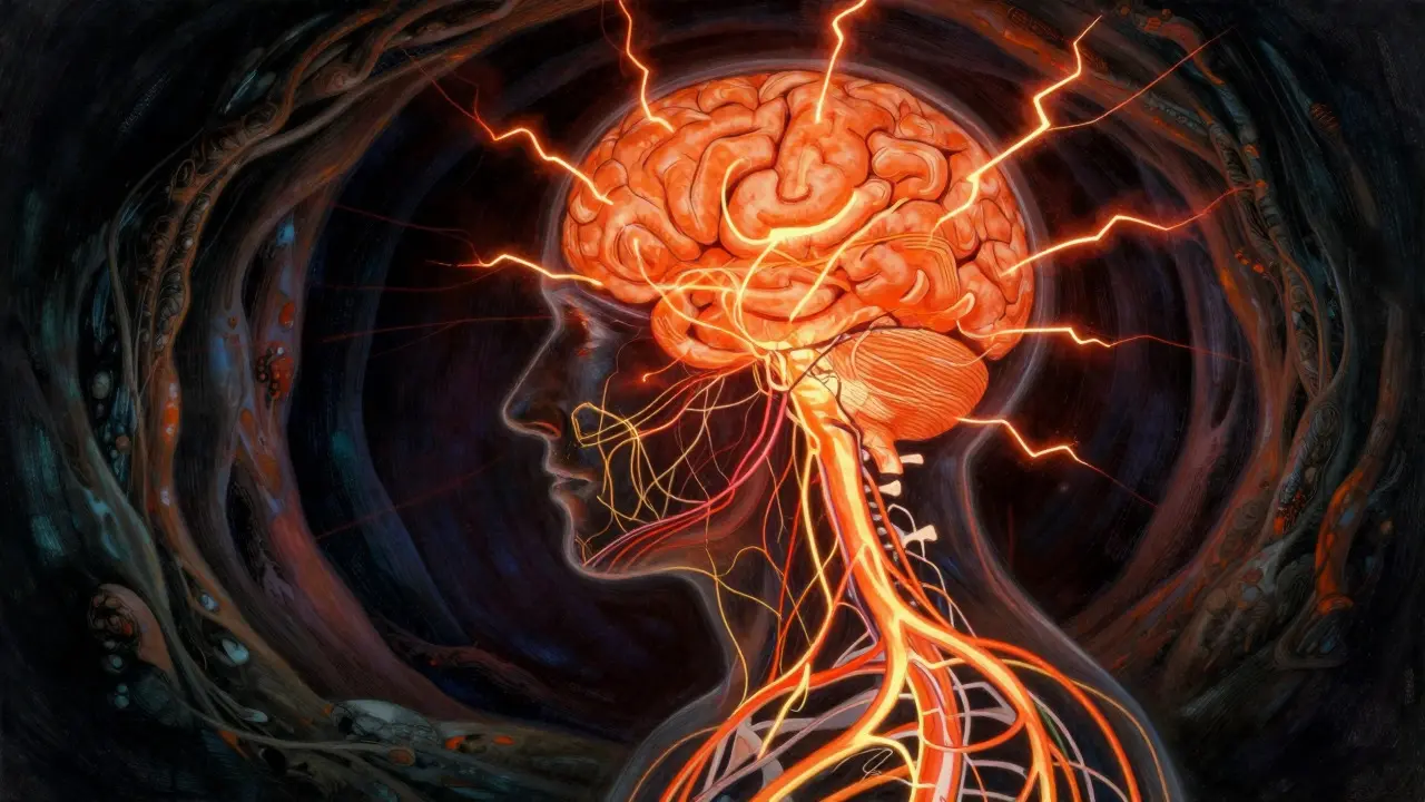 Dramatic illustration of amplified nerve signals representing central sensitization