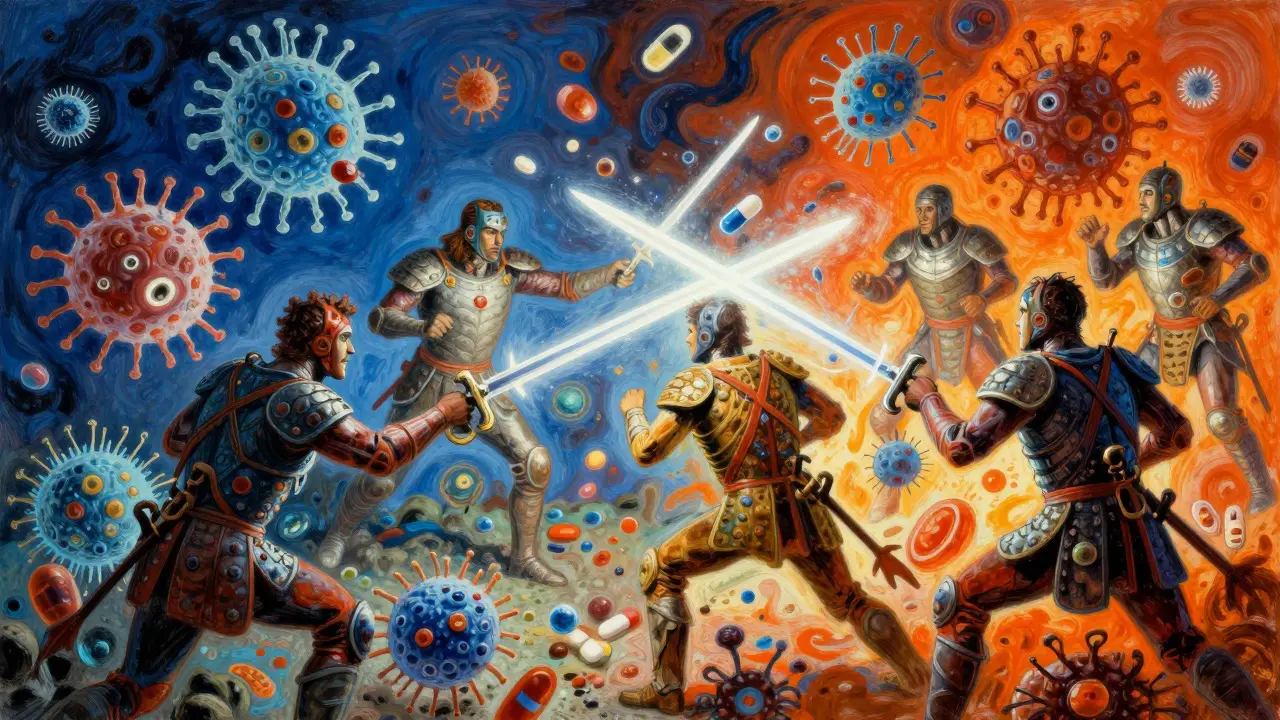 Epic artistic depiction of antibiotics fighting bacteria and superbugs
