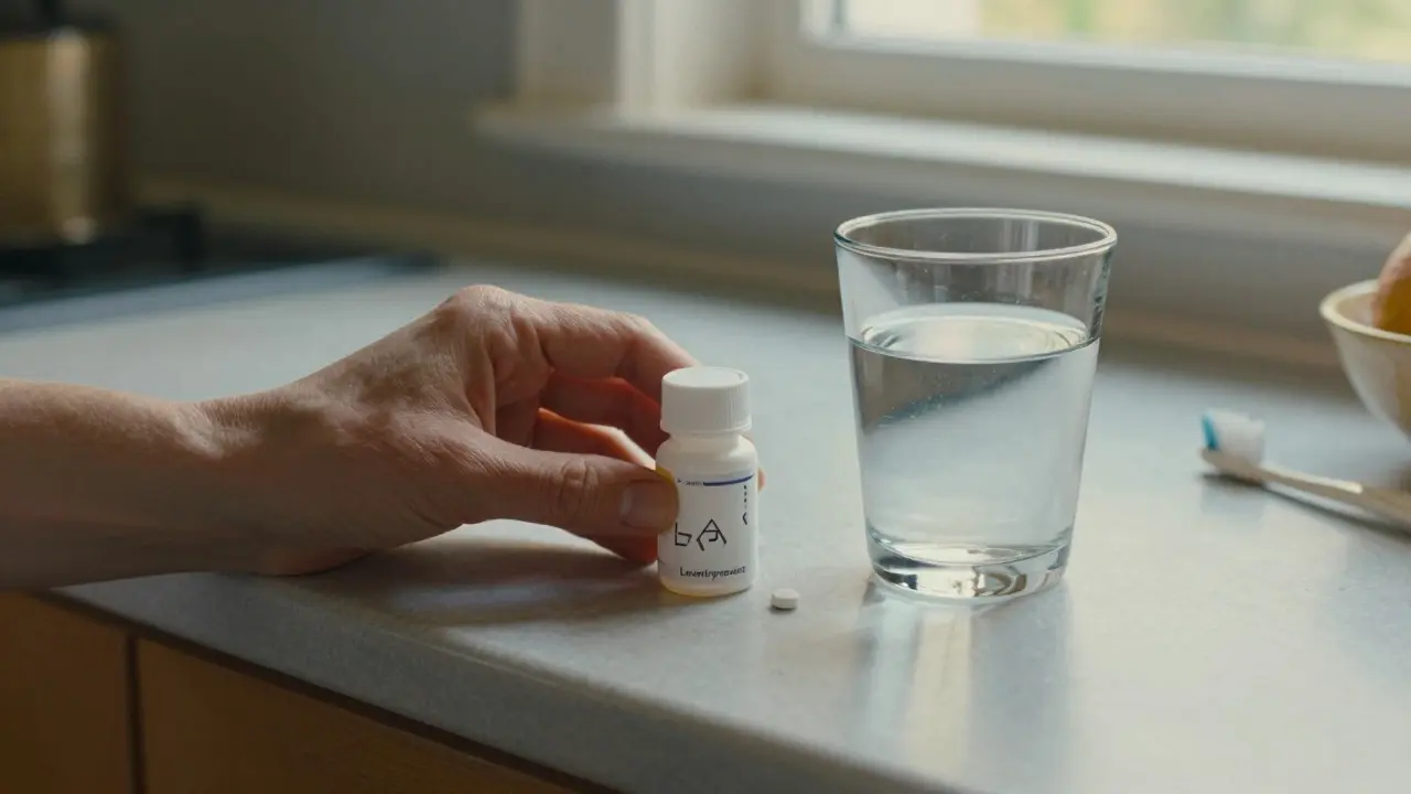 Hand holding a pill bottle and glass of water on a kitchen counter, showing medication routine