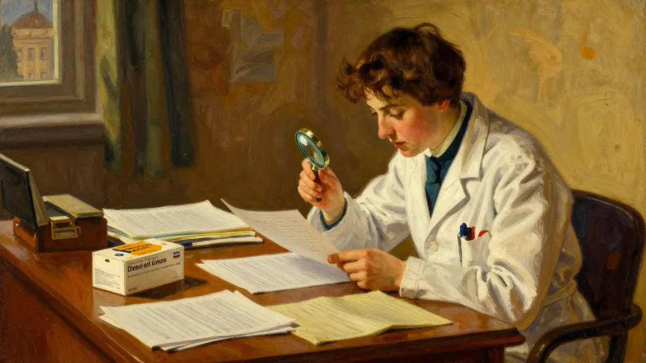 Healthcare worker verifying drug lot numbers against documents at a desk.