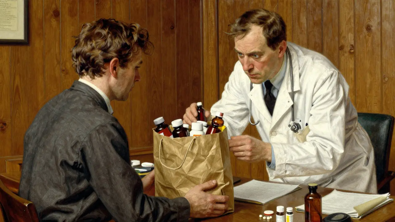 Patient showing all medications in a brown bag to a doctor for a safety review.