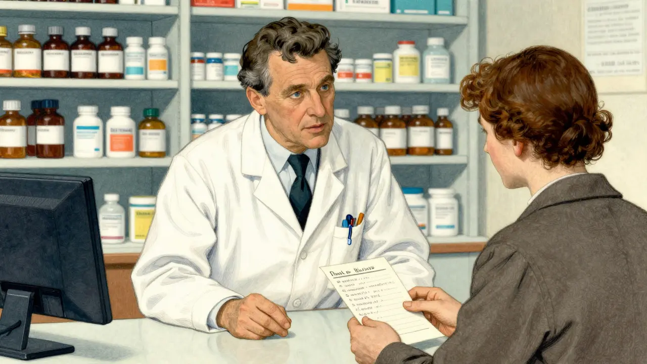 Pharmacist consulting with a patient holding a medication list
