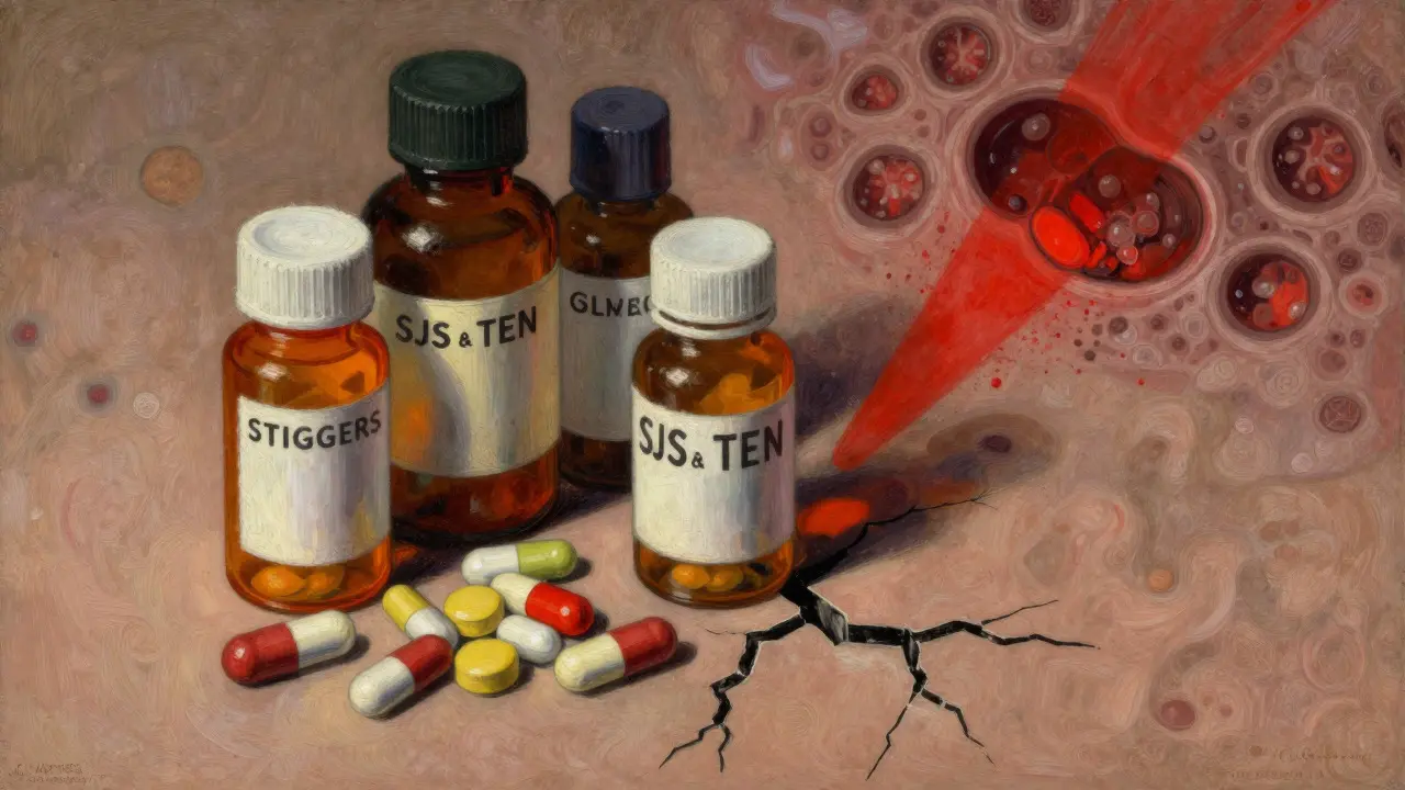 Pill bottles casting ominous shadows resembling peeling skin, symbolizing drug risk