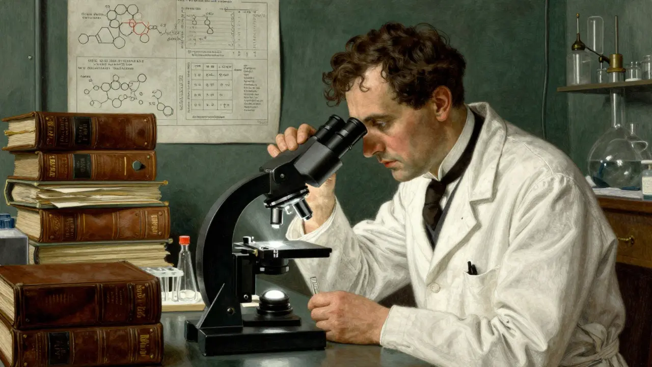 Scientist examining a vial under a microscope in a vintage laboratory setting.
