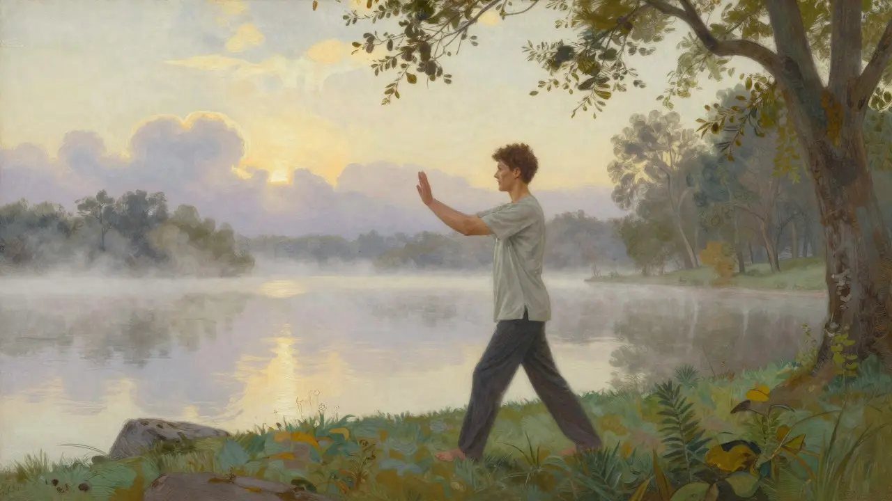 Serene figure doing gentle exercise outdoors, symbolizing gradual recovery