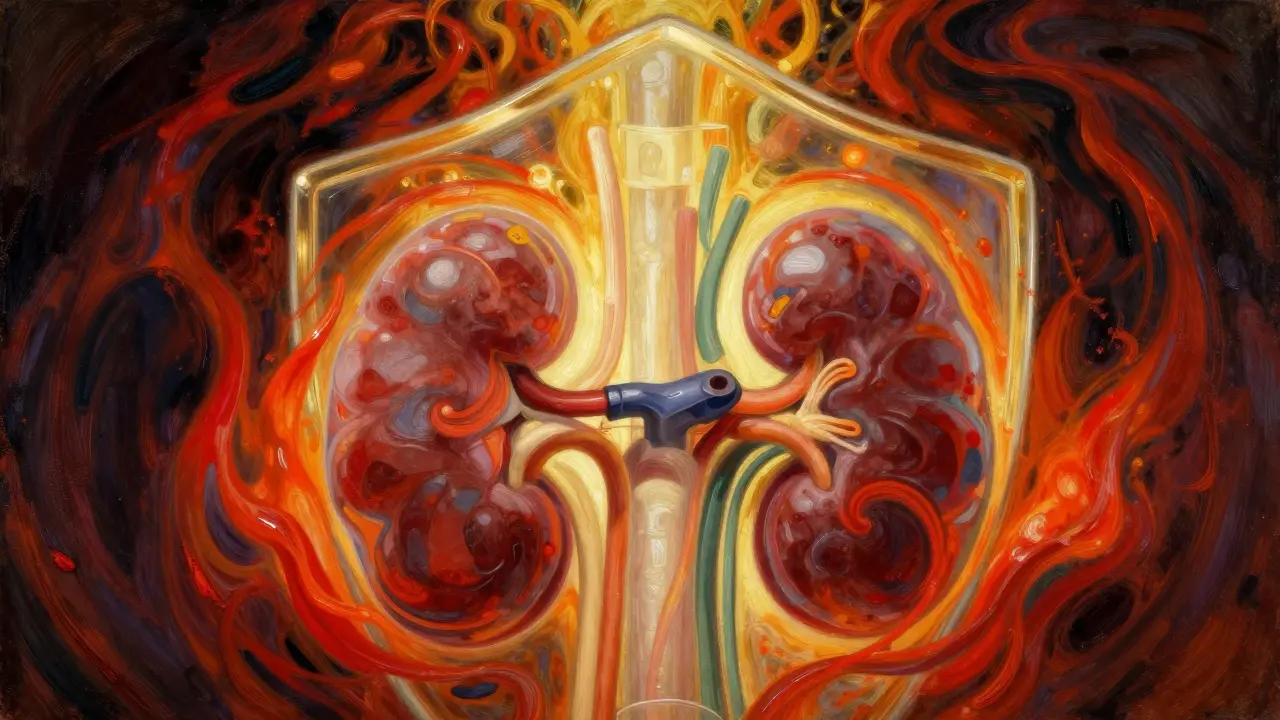 Stylized kidney under stress with protective golden shield