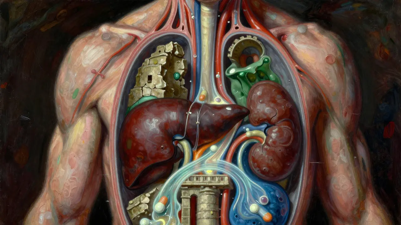 Surreal anatomical view of aging organs processing medication slowly