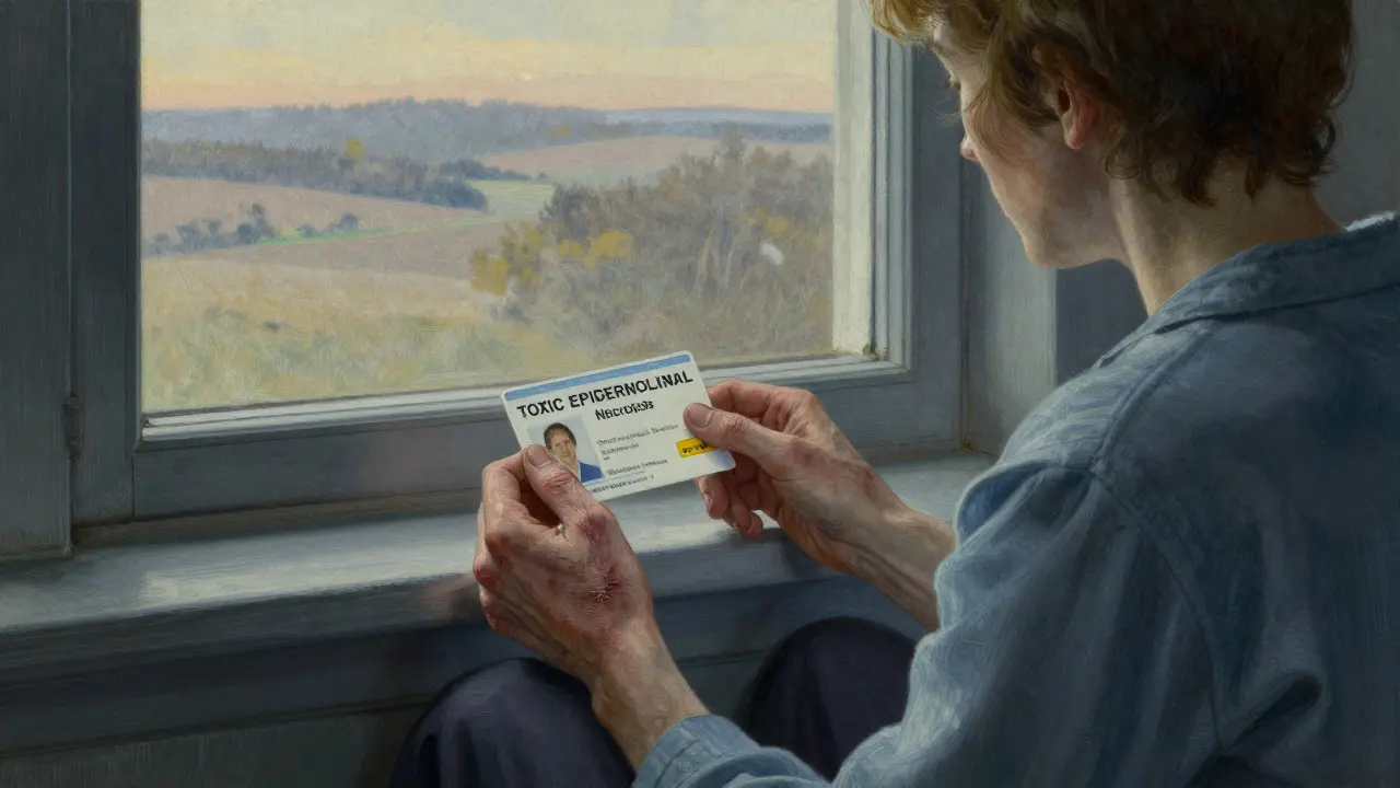Survivor with scarred hands holding medical alert card, looking out window